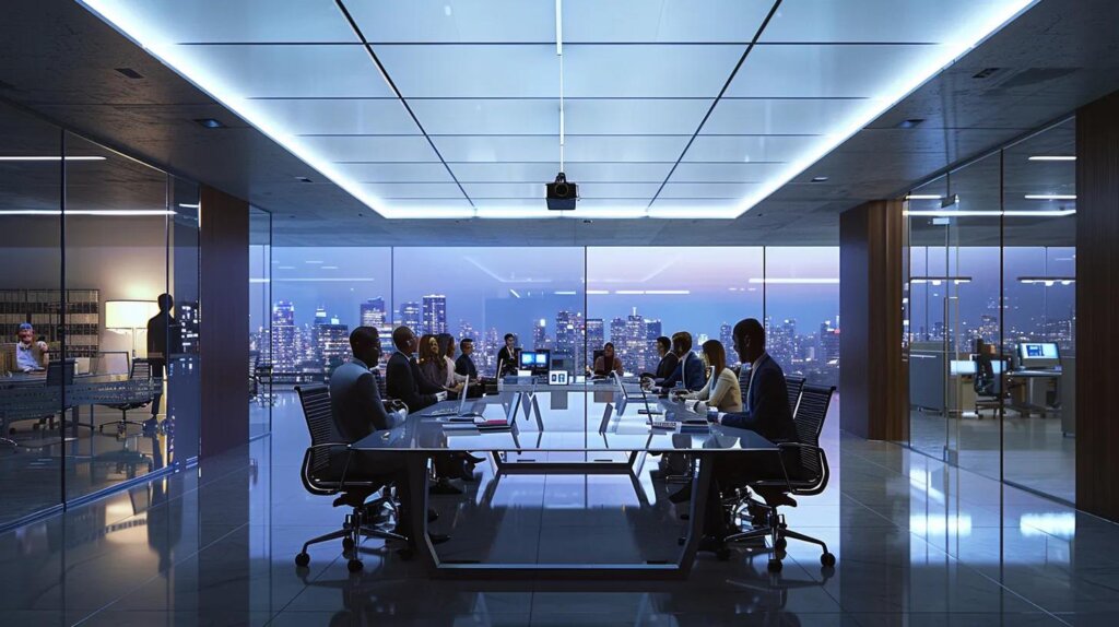 a polished office conference room, illuminated by sleek overhead lighting, showcases a diverse group of professionals engaged in an animated discussion about various types of family trusts, with charts and documents displayed prominently on a modern glass table.