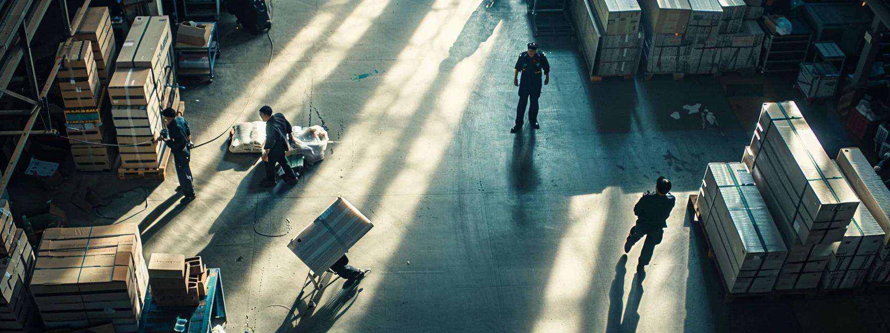 a bustling customs inspection area showcases uniformed officials scrutinizing suspicious cargo while illuminated overhead lights cast sharp shadows, enhancing the tension in the air.