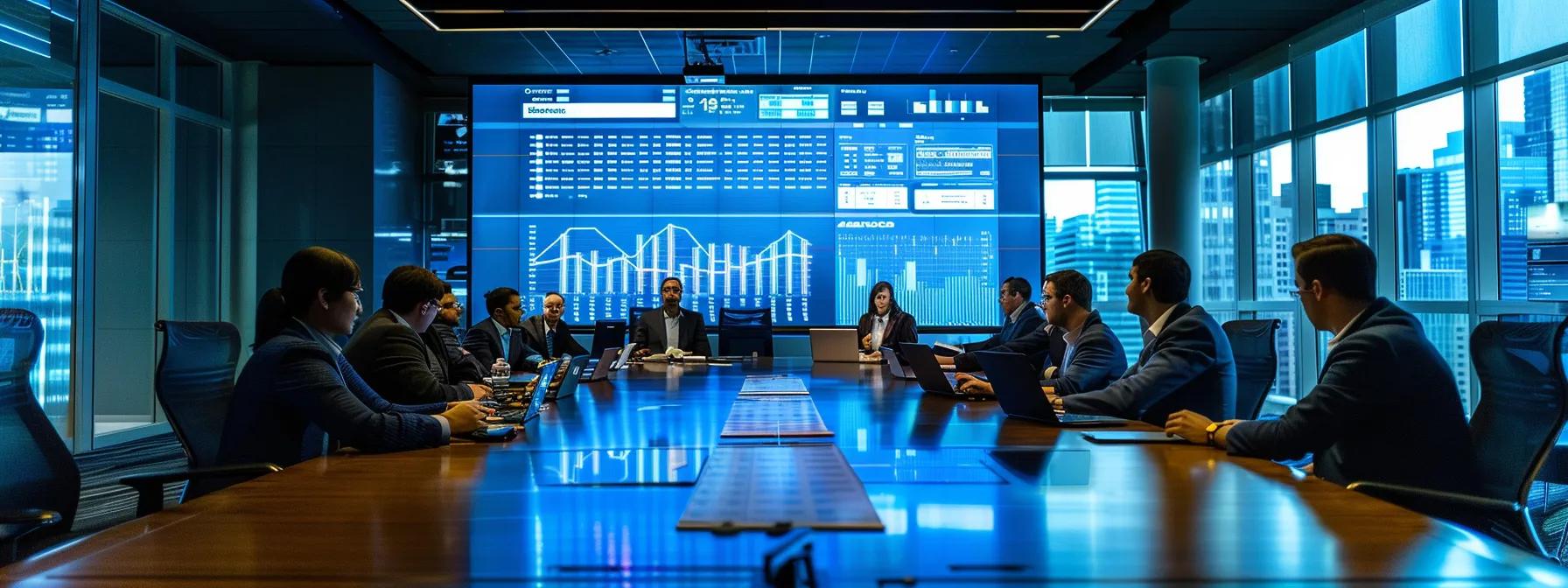 a sharply focused conference room setting featuring a sleek table surrounded by engaged professionals analyzing data on laptops while large screens display meticulous compliance charts and regulatory frameworks, emphasizing the importance of proactive risk management in ofac sanctions.