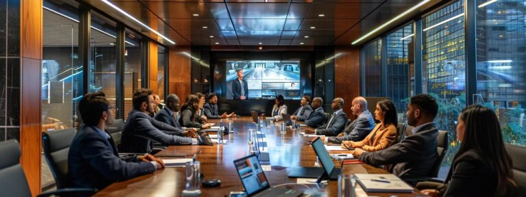 a sleek, modern conference room filled with diverse business professionals engaging in a serious discussion while analyzing a digital presentation on ofac sanctions, illuminated by overhead lighting that highlights the urgency and importance of compliance in a corporate environment.