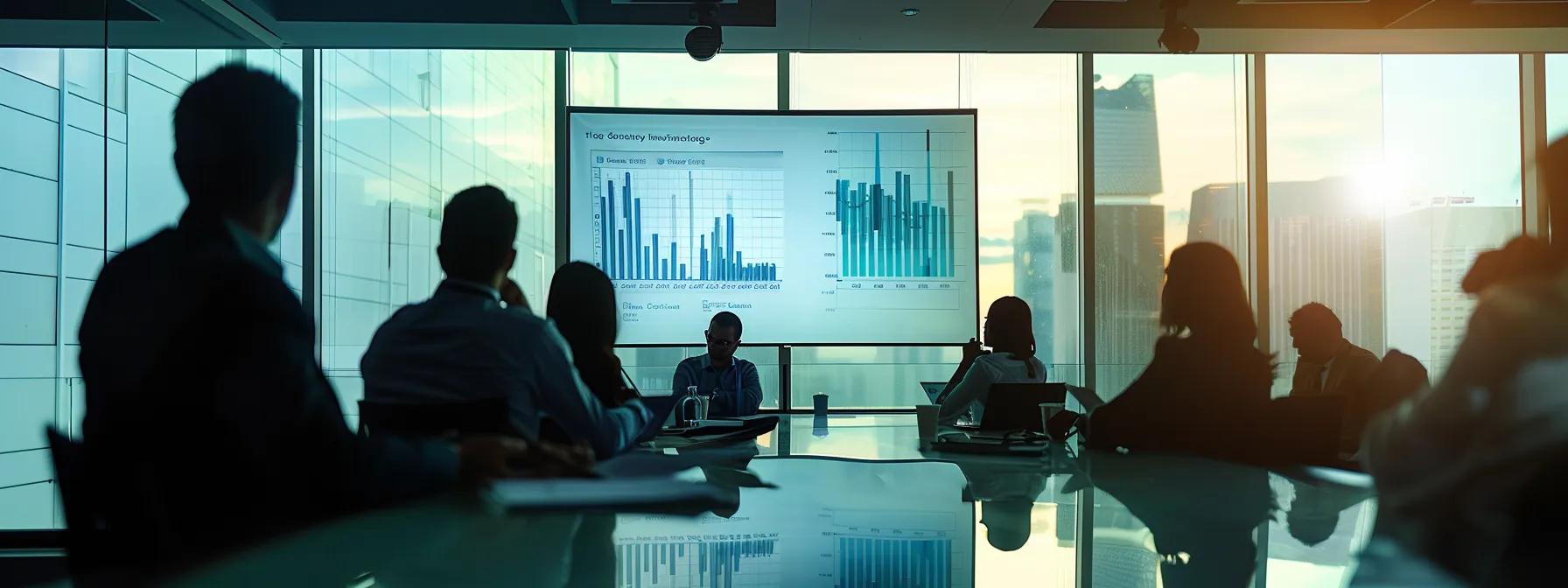 a dynamic office environment featuring professionals engaged in a presentation about power purchase agreements, with visual elements like charts and legal documents emphasizing the impact of international investment law on investor confidence and contractual stability in high-stakes negotiations.