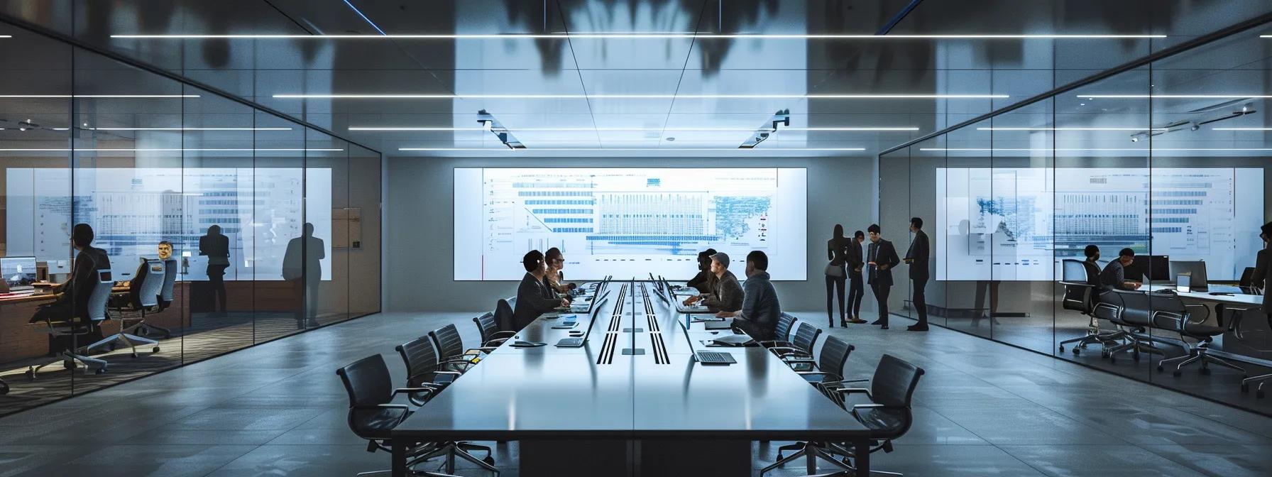 a sleek conference room within a modern office building, featuring a large table surrounded by business professionals engaged in a serious discussion, illuminated by bright overhead lighting, with detailed charts and legal documents on the table representing the complexity of resolving disputes in power purchase agreements.