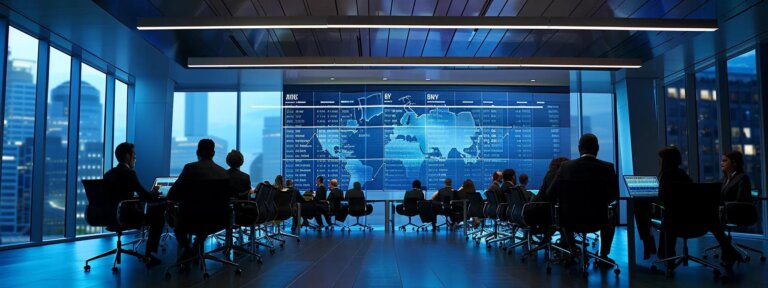 a sleek, modern conference room illuminated by soft overhead lighting features a diverse group of professionals engaged in a dynamic discussion over a large digital screen displaying complex legal frameworks and compliance charts for international power purchase agreements.