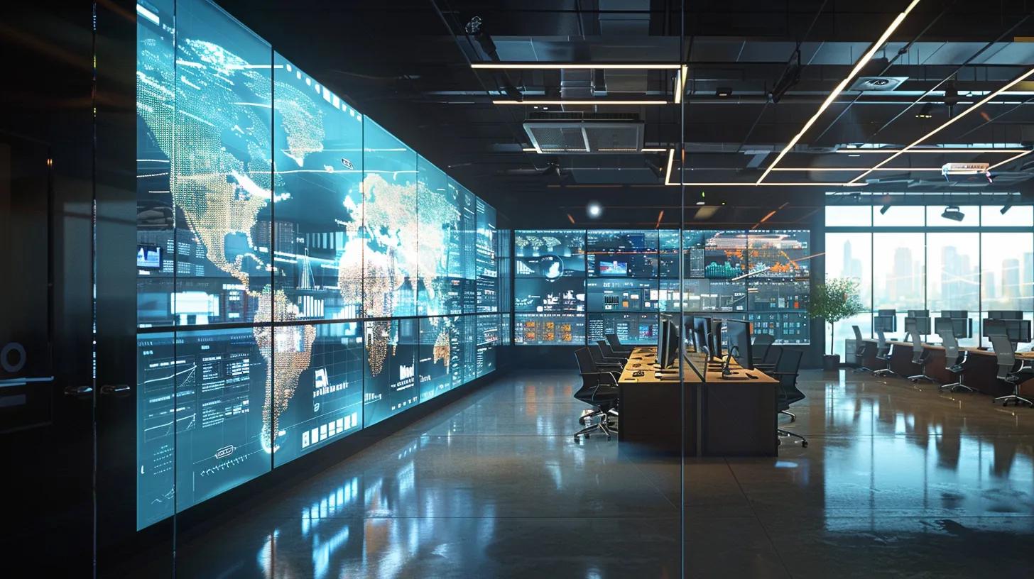 Modern logistics office with large display of global map and data visualizations.
