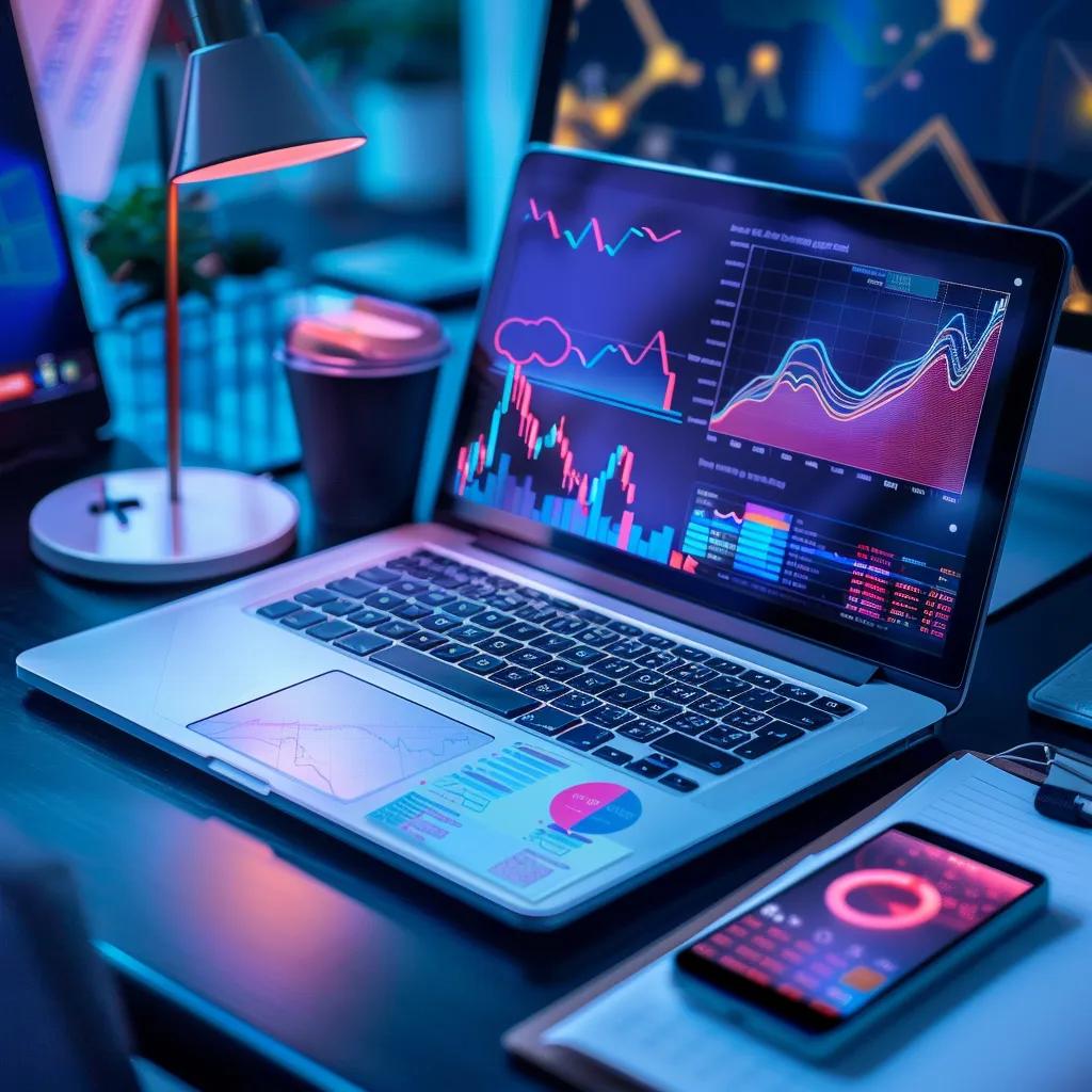 Digital workspace showcasing cryptocurrencies and NFTs in a modern setting
