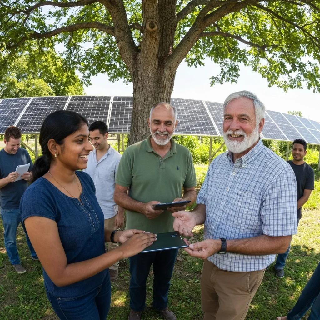 Group of diverse individuals engaging with tablets in front of solar panels, illustrating community solar project collaboration and investment strategies.