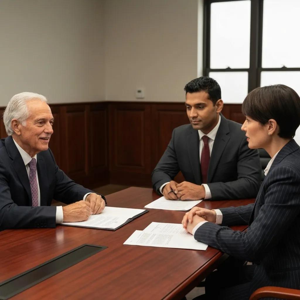 A professional arbitration setting where parties are engaged in discussions over legal documents.