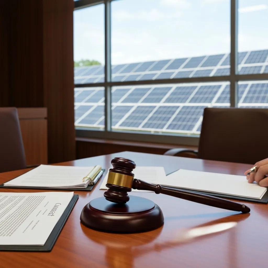 Gavel on a wooden desk with legal documents and a solar panel view, representing arbitration in solar power disputes.