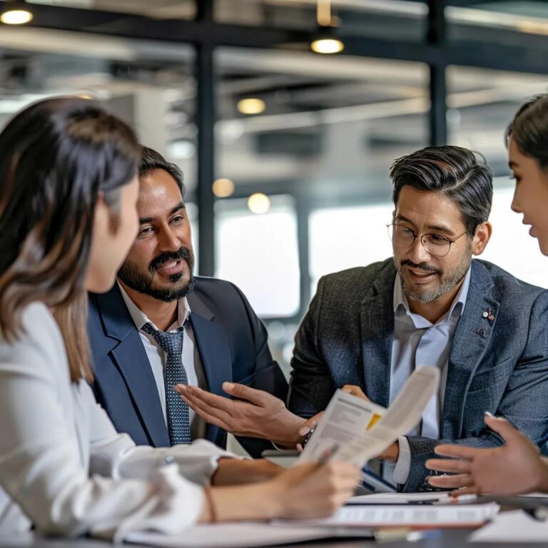 Business professionals discussing concession agreements in a modern office setting