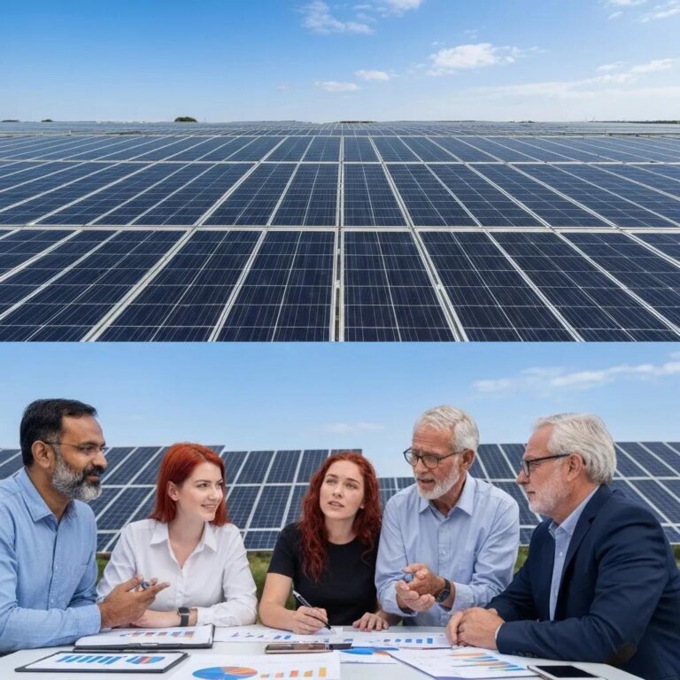 Diverse professionals discussing solar energy investment strategies at a solar farm