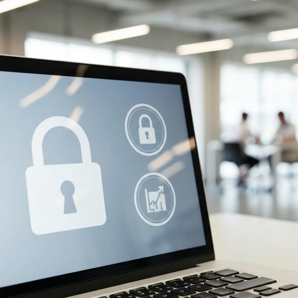 Computer screen displaying data protection symbols, emphasizing data privacy in SaaS agreements