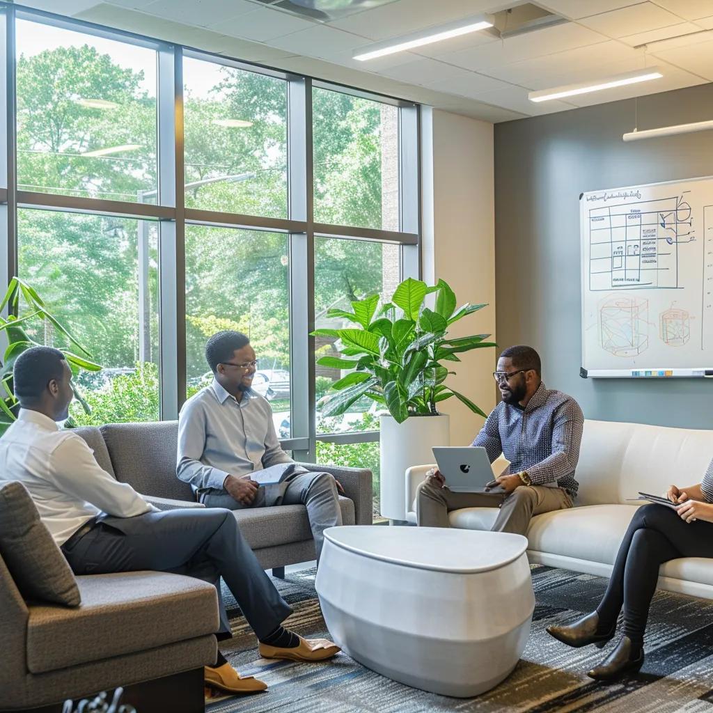 Group of professionals discussing hedge fund compliance in a modern office setting, featuring a laptop, notepad, and whiteboard with diagrams, emphasizing collaborative decision-making in regulatory contexts.