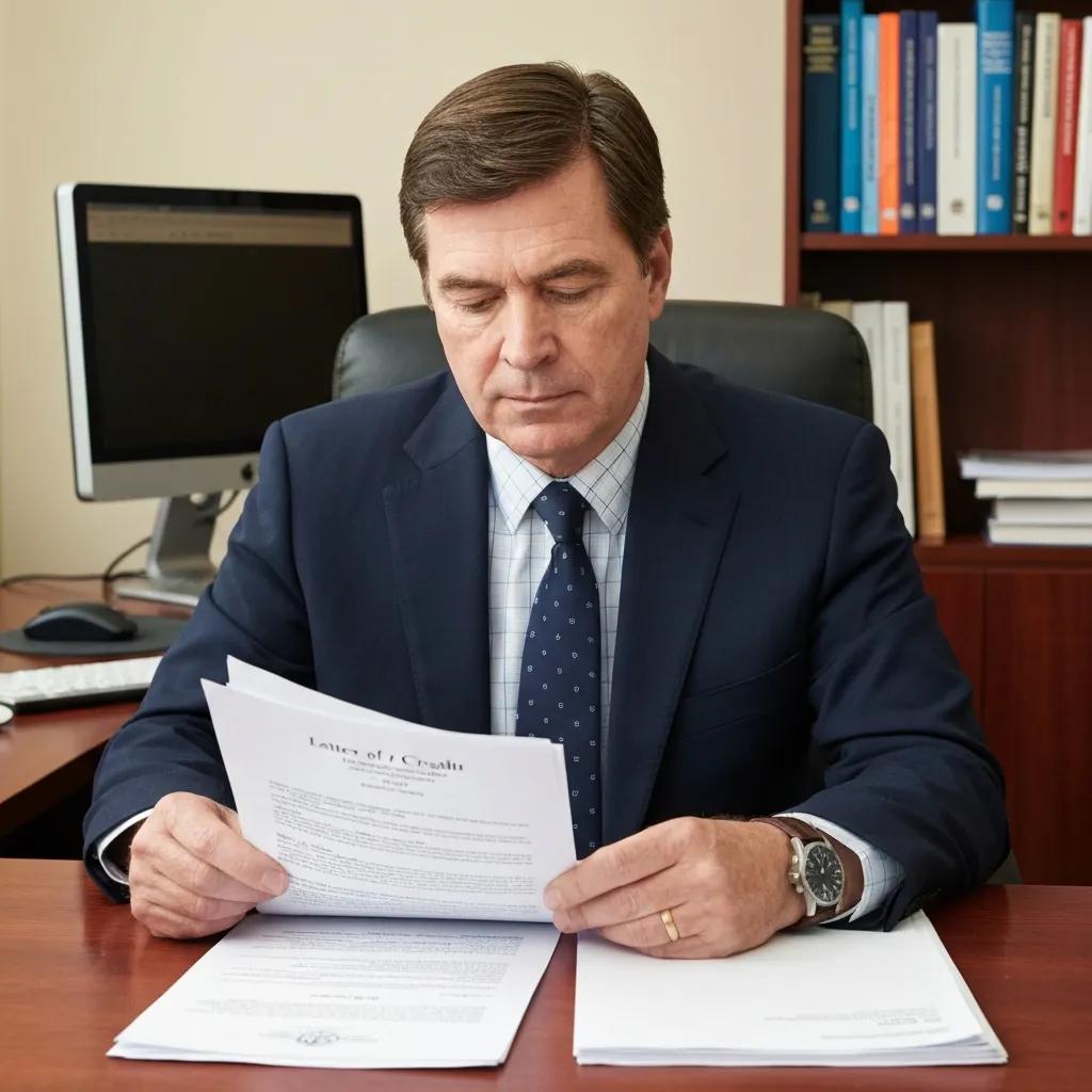 Bank officer examining documents related to letters of credit in a professional office