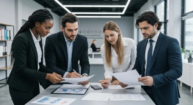 Professionals reviewing international trade documents in a modern office