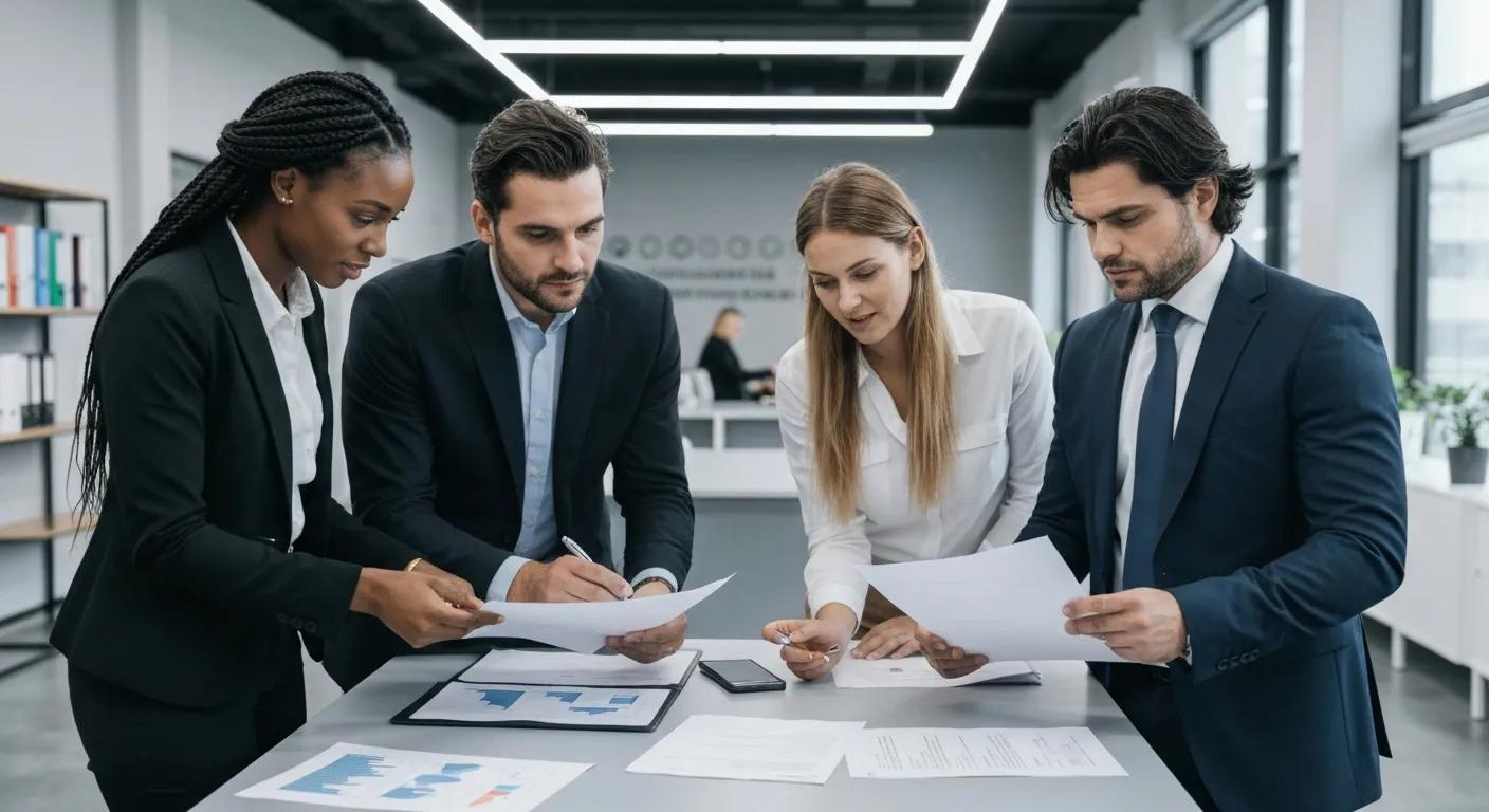 Professionals reviewing international trade documents in a modern office