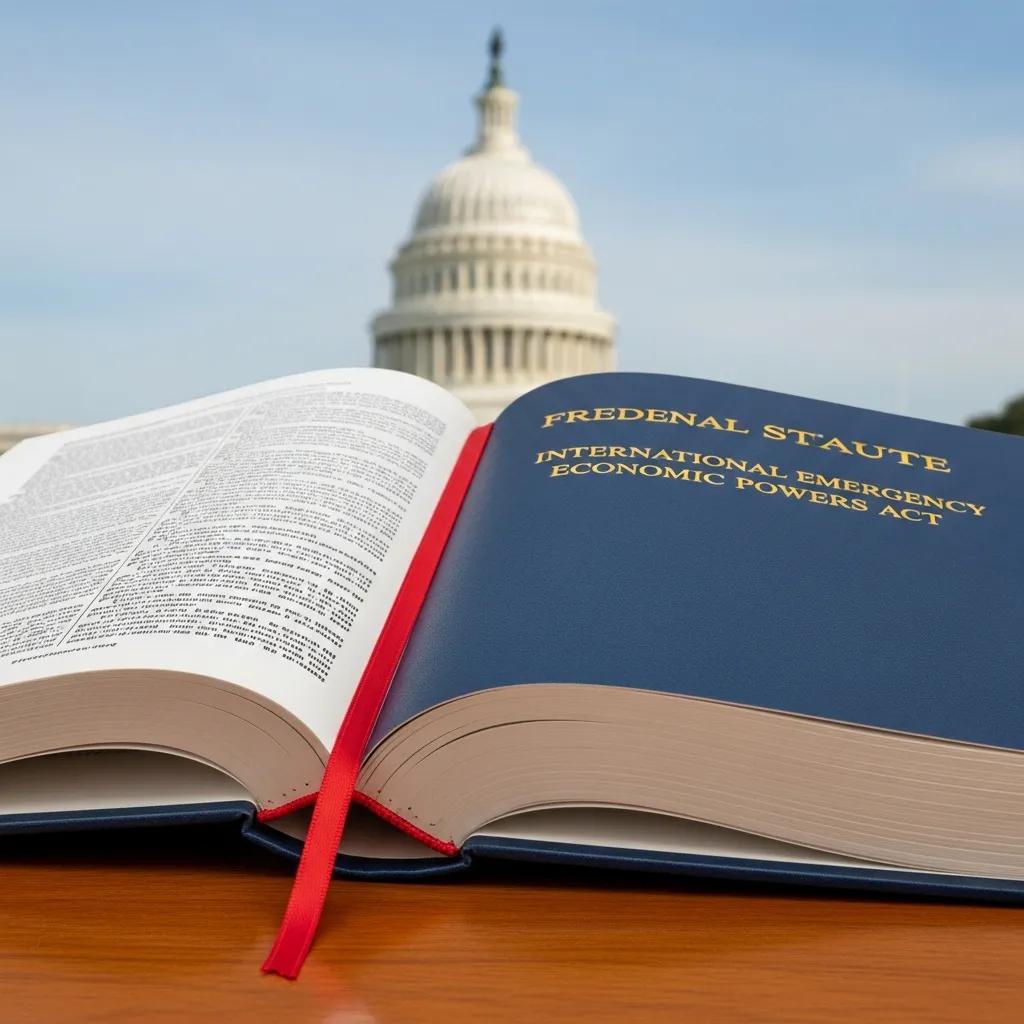 Close-up of a statute book labeled IEEPA with the U.S. Capitol behind it