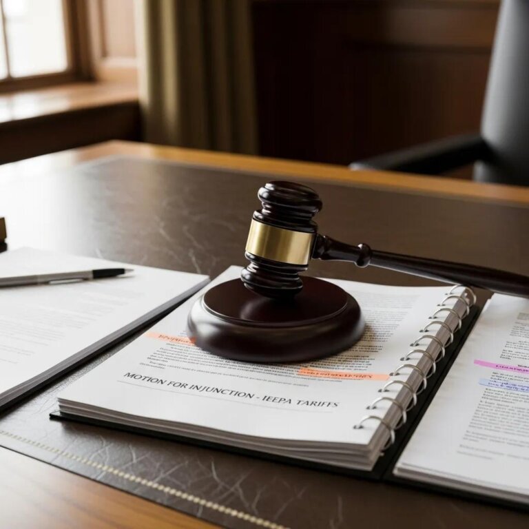 Courtroom scene with gavel and legal documents representing the Costco IEEPA tariff lawsuit