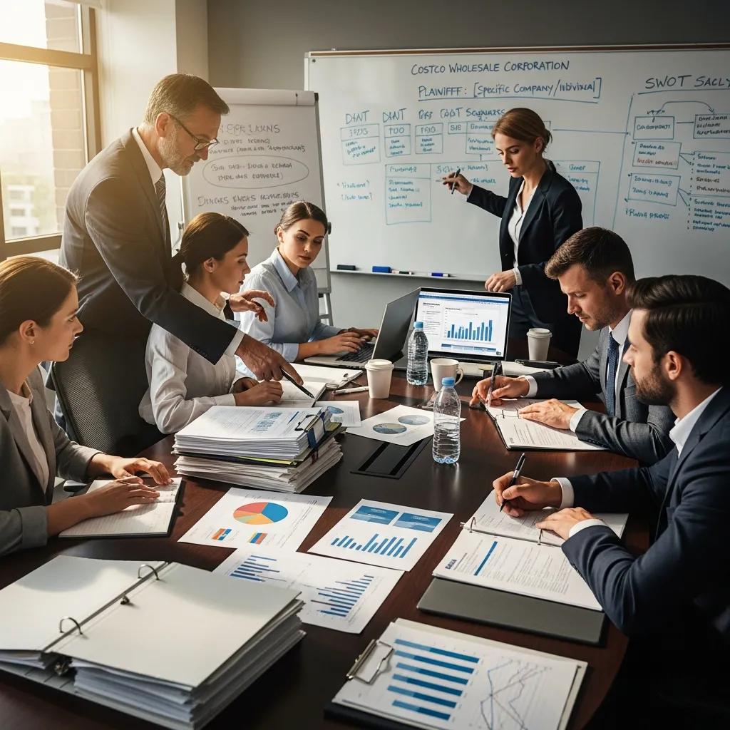 Lawyers reviewing strategy for Costco's IEEPA tariff challenge in a conference room