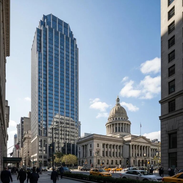 Corporate office building with government building in background, representing business and government relations