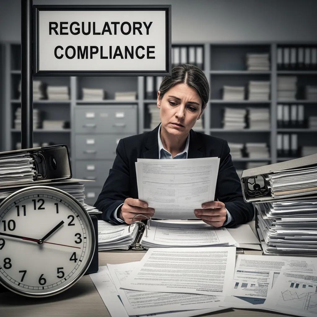 Government building with regulatory compliance sign and concerned business owner