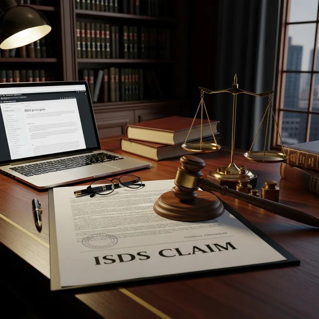 Legal document on ISDS claims process with gavel and scale of justice