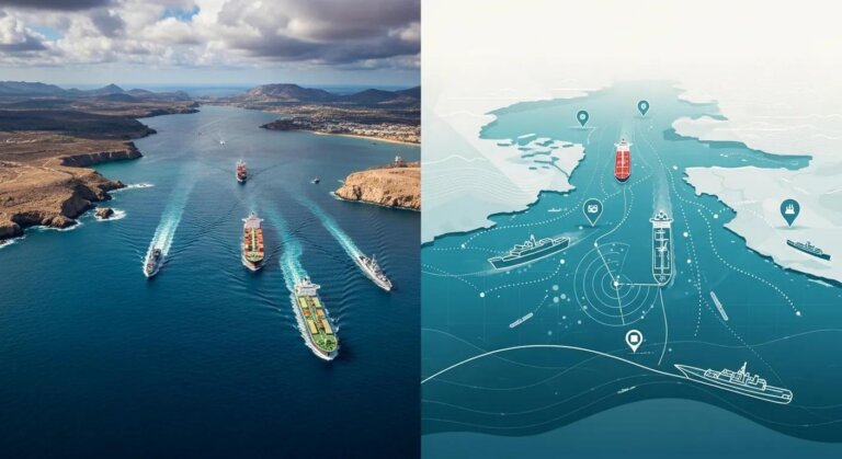 Aerial view of multiple cargo ships navigating a maritime route, alongside a digital map illustrating shipping lanes and navigation points, emphasizing the importance of maritime logistics in global trade and energy security.