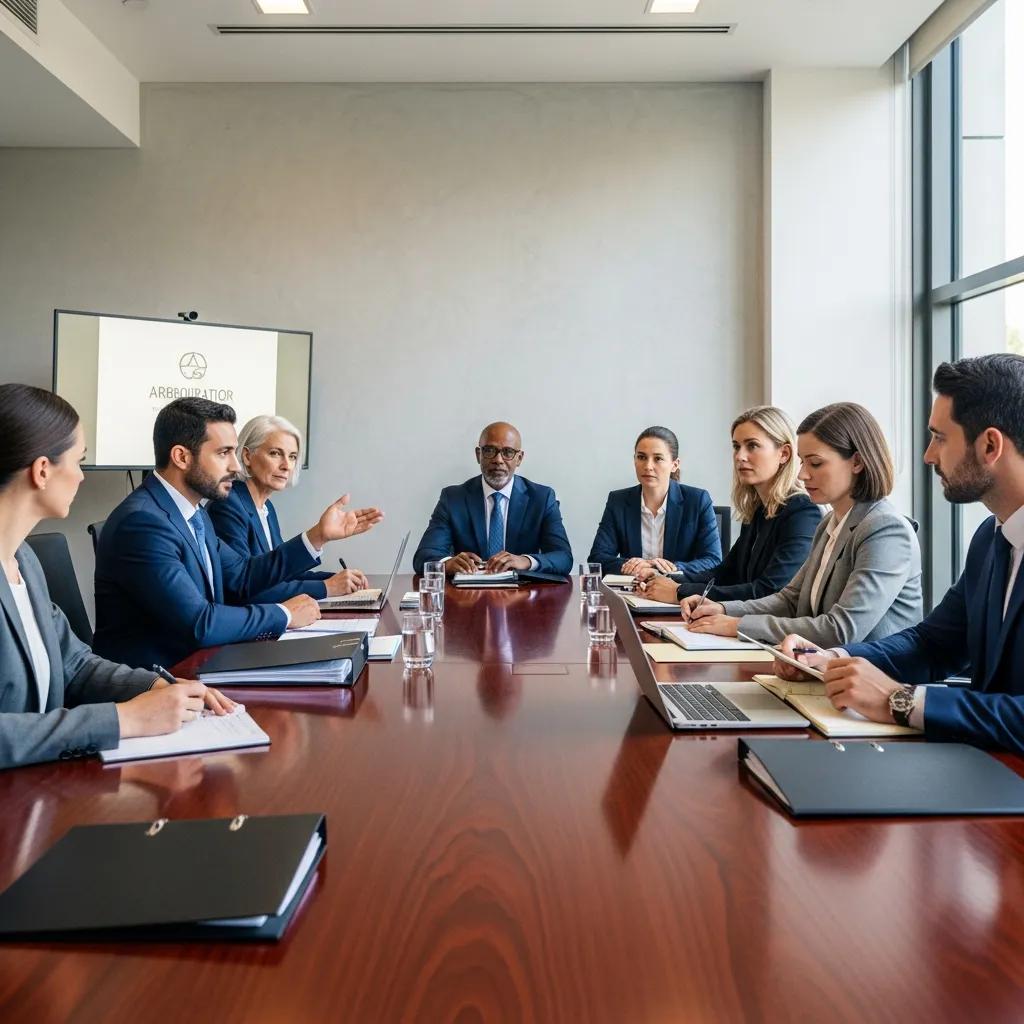 Diverse group of arbitrators engaged in discussion during an international arbitration session, emphasizing collaboration in cross-border dispute resolution under UNIDROIT principles.