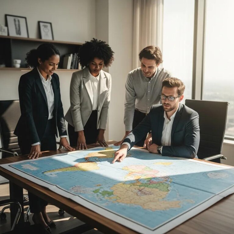 Business professionals discussing foreign direct investment opportunities over a world map