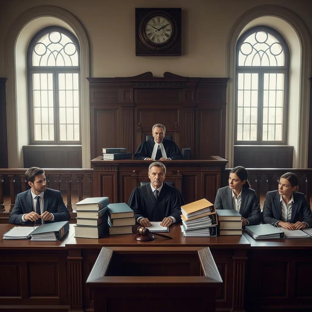 Courtroom scene depicting legal professionals, including a judge and attorneys, discussing international contract enforcement and UNIDROIT principles, with stacks of legal documents and a gavel on the table.