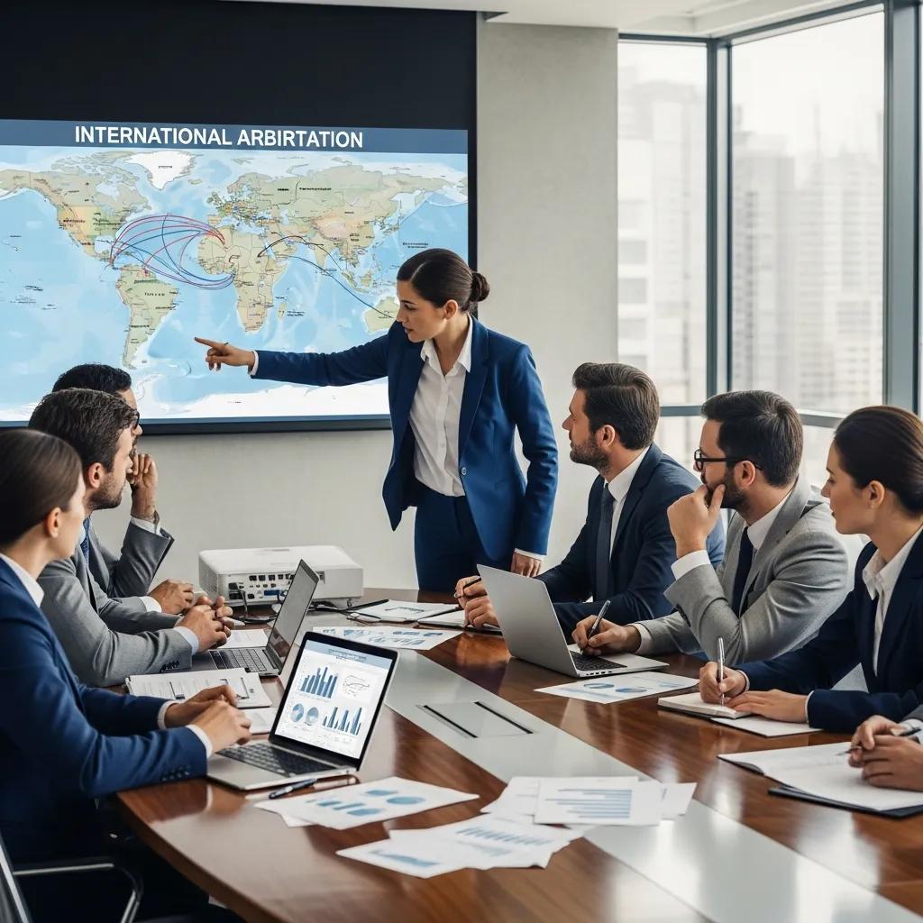 Diverse business professionals discussing international arbitration in a modern conference room