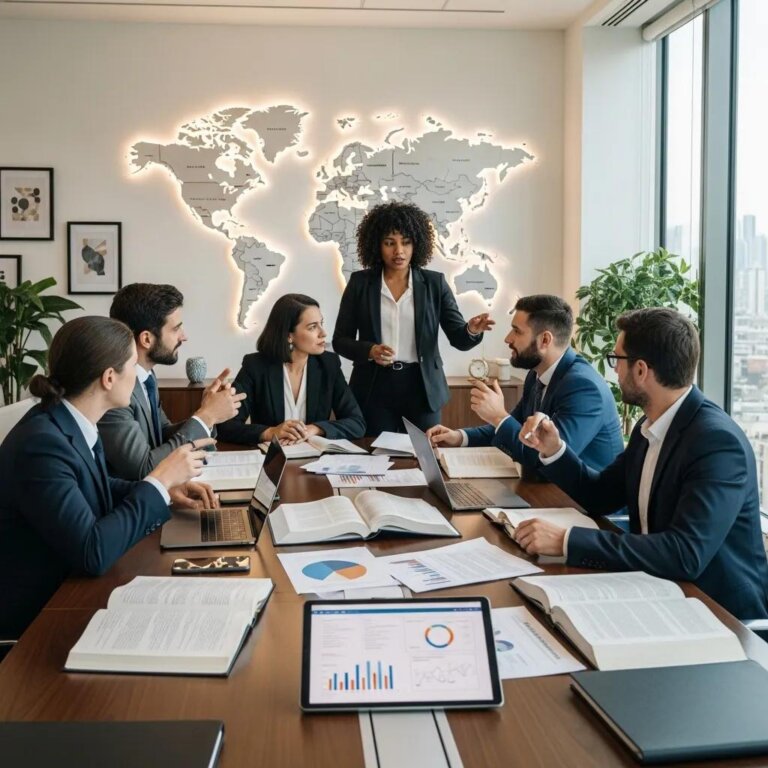 Diverse legal professionals collaborating on international law in a modern office with maps and documents, discussing UNIDROIT's role in cross-border transactions.