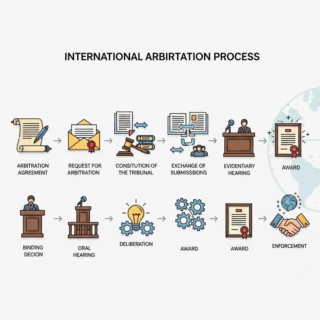 Illustration of the steps in the international arbitration process with relevant icons