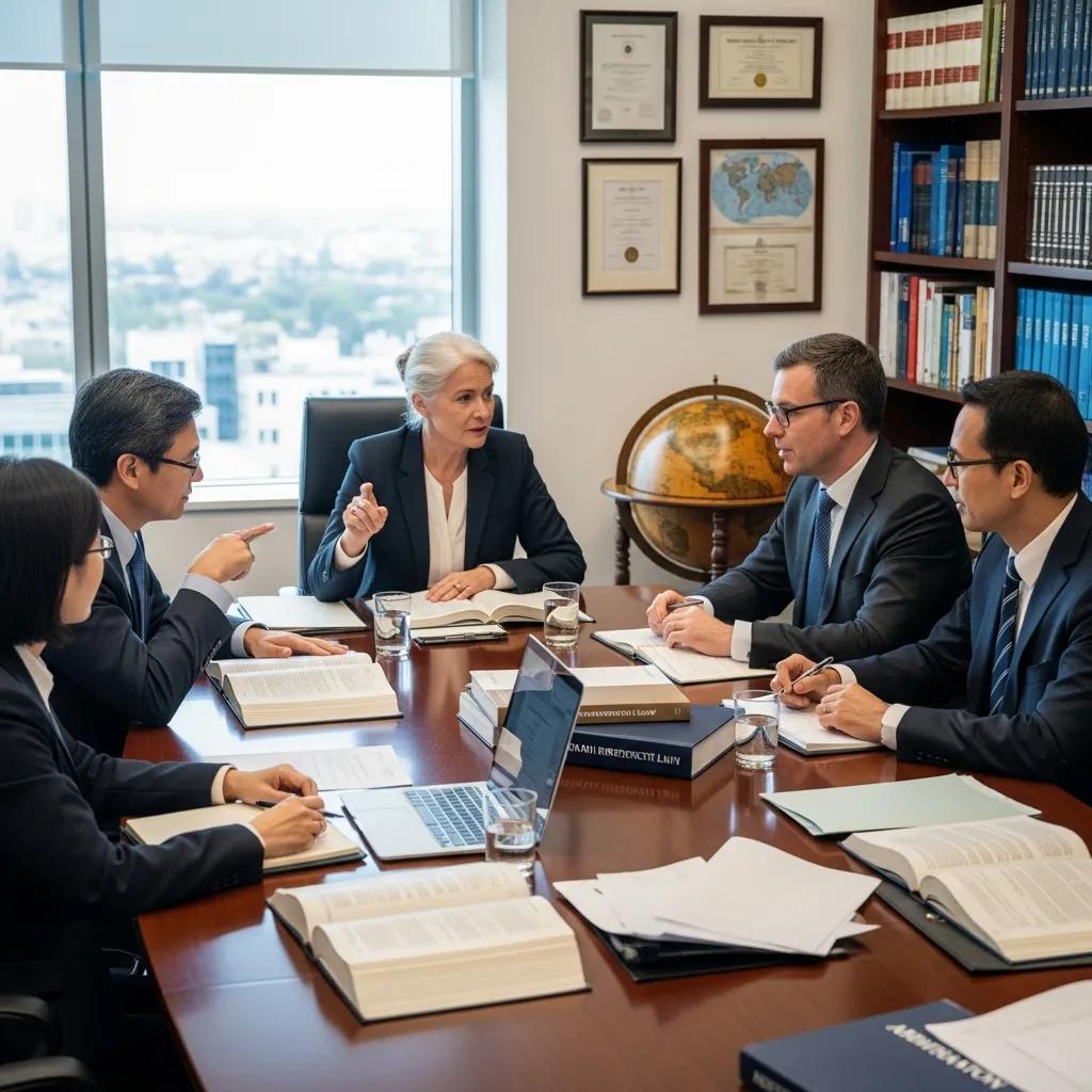 Panel of international arbitrators deliberating on investment dispute resolution