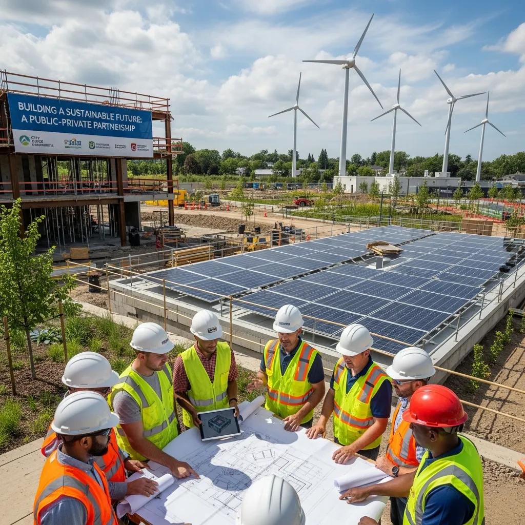 Sustainable construction site showcasing green infrastructure and a public-private partnership, with construction workers reviewing plans.