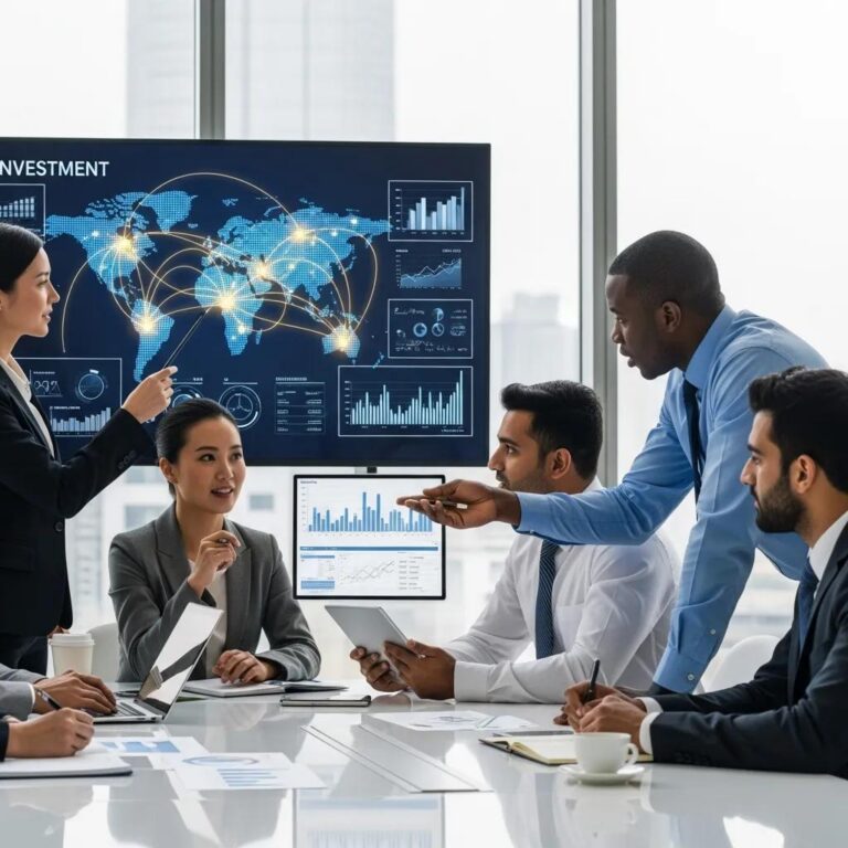 Business professionals collaborating on international investment strategies, discussing data displayed on a digital screen featuring a world map and financial graphs.