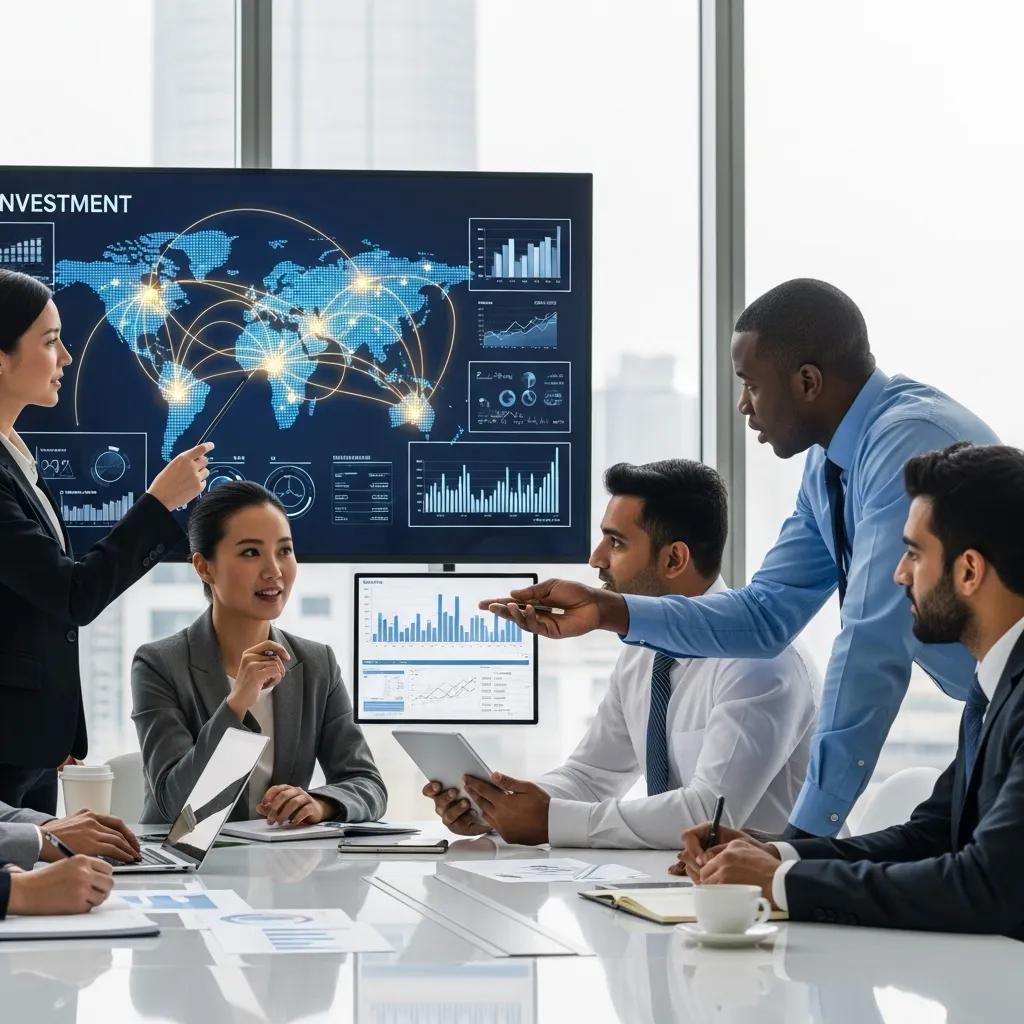Business professionals collaborating on international investment strategies with a world map in the background