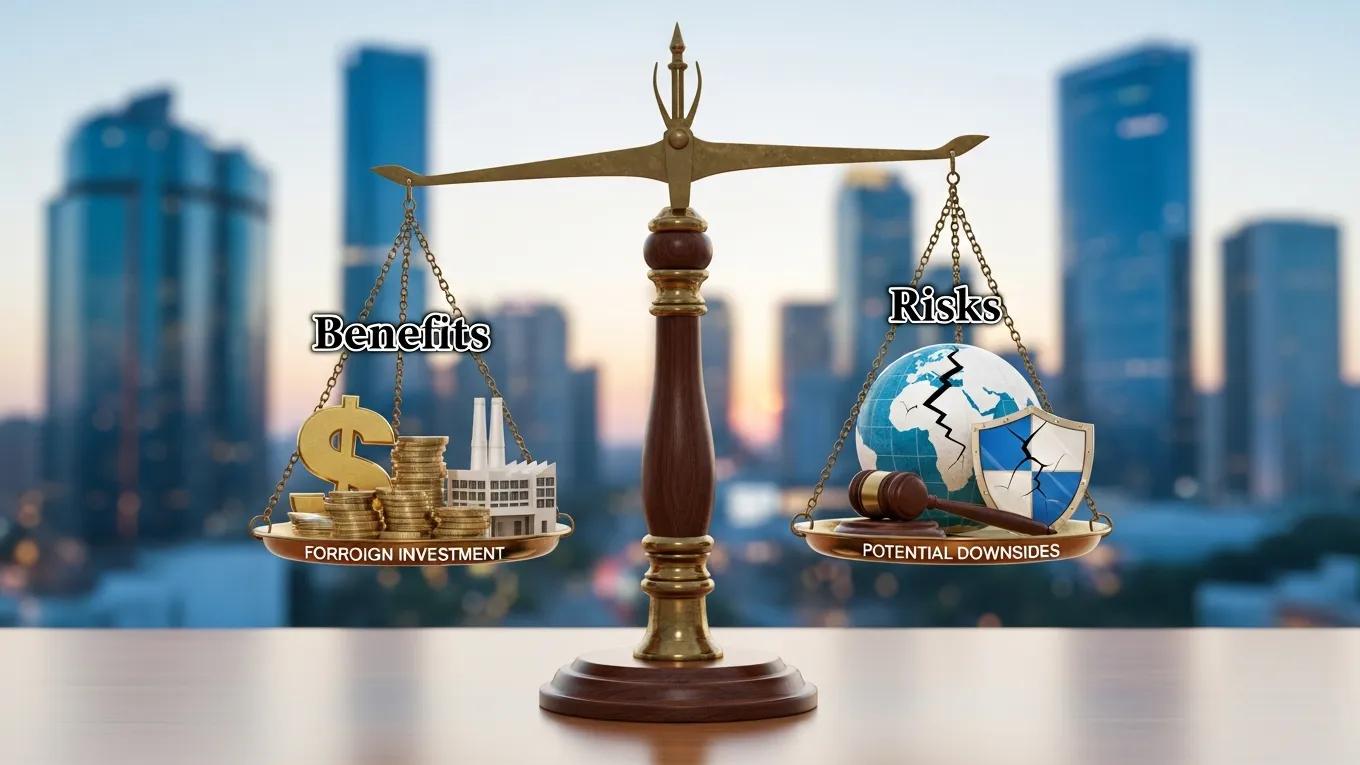 Conceptual image of a scale balancing benefits and risks in Investor-State Dispute Settlement