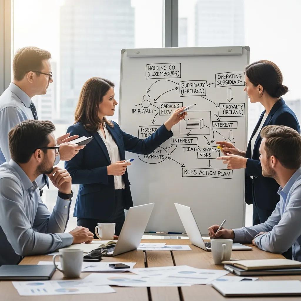 Executives brainstorming corporate structuring strategies to mitigate treaty shopping risks, discussing IP royalty flow and compliance in a modern meeting room.