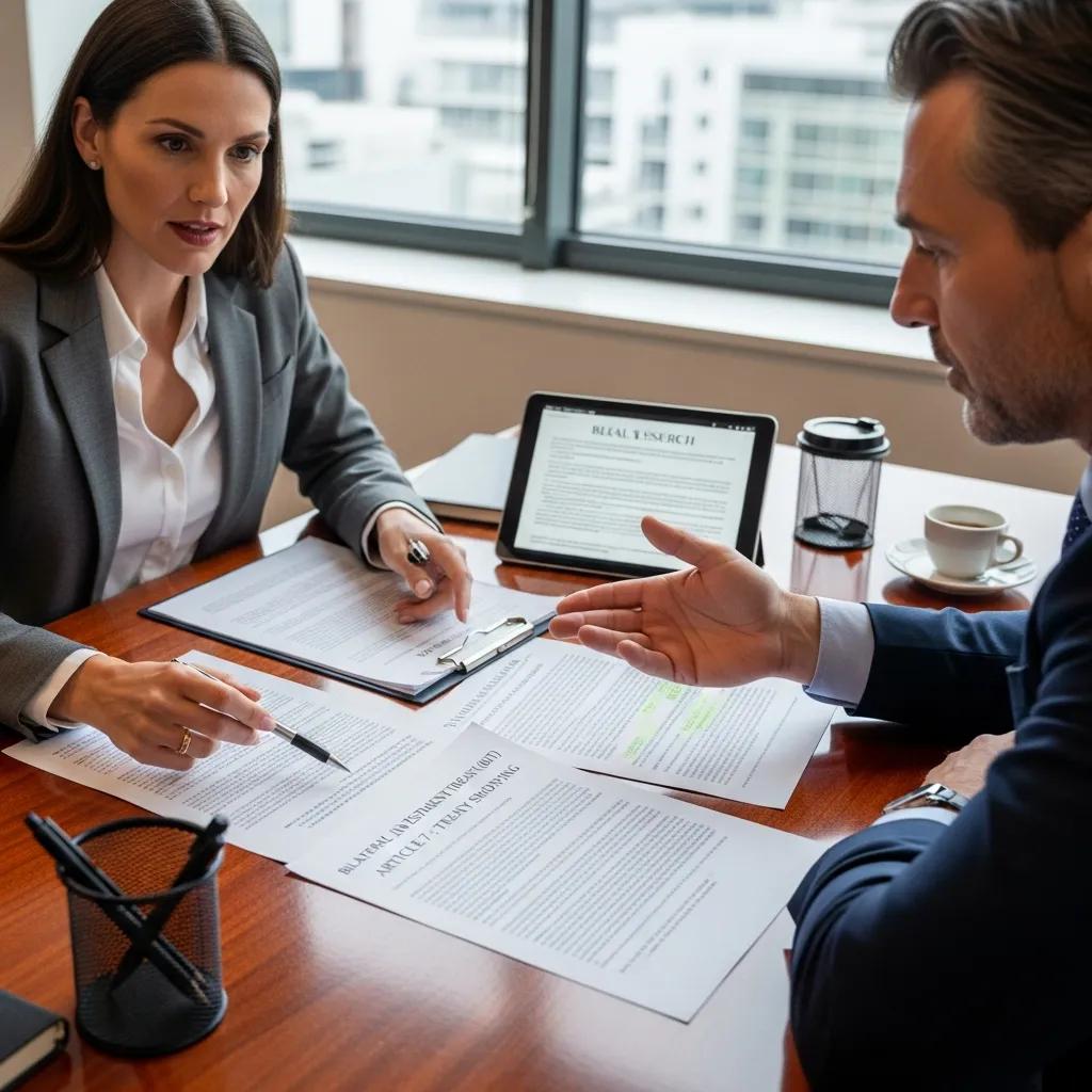 Legal advisor and client discussing international investment treaty documents in an office setting, highlighting treaty shopping and compliance strategies.