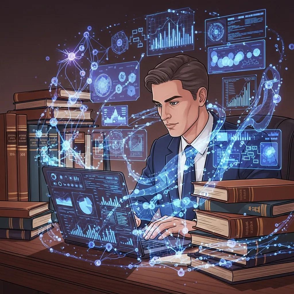 A professional reviewing AI compliance guidelines amidst legal and technological books, illustrating the impact of recent rulings