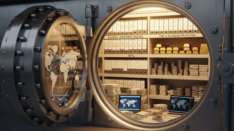 Secure vault interior showcasing Bilateral Investment Treaties (BITs) and investment protection, featuring gold bars, stacks of documents, and digital displays of global maps.