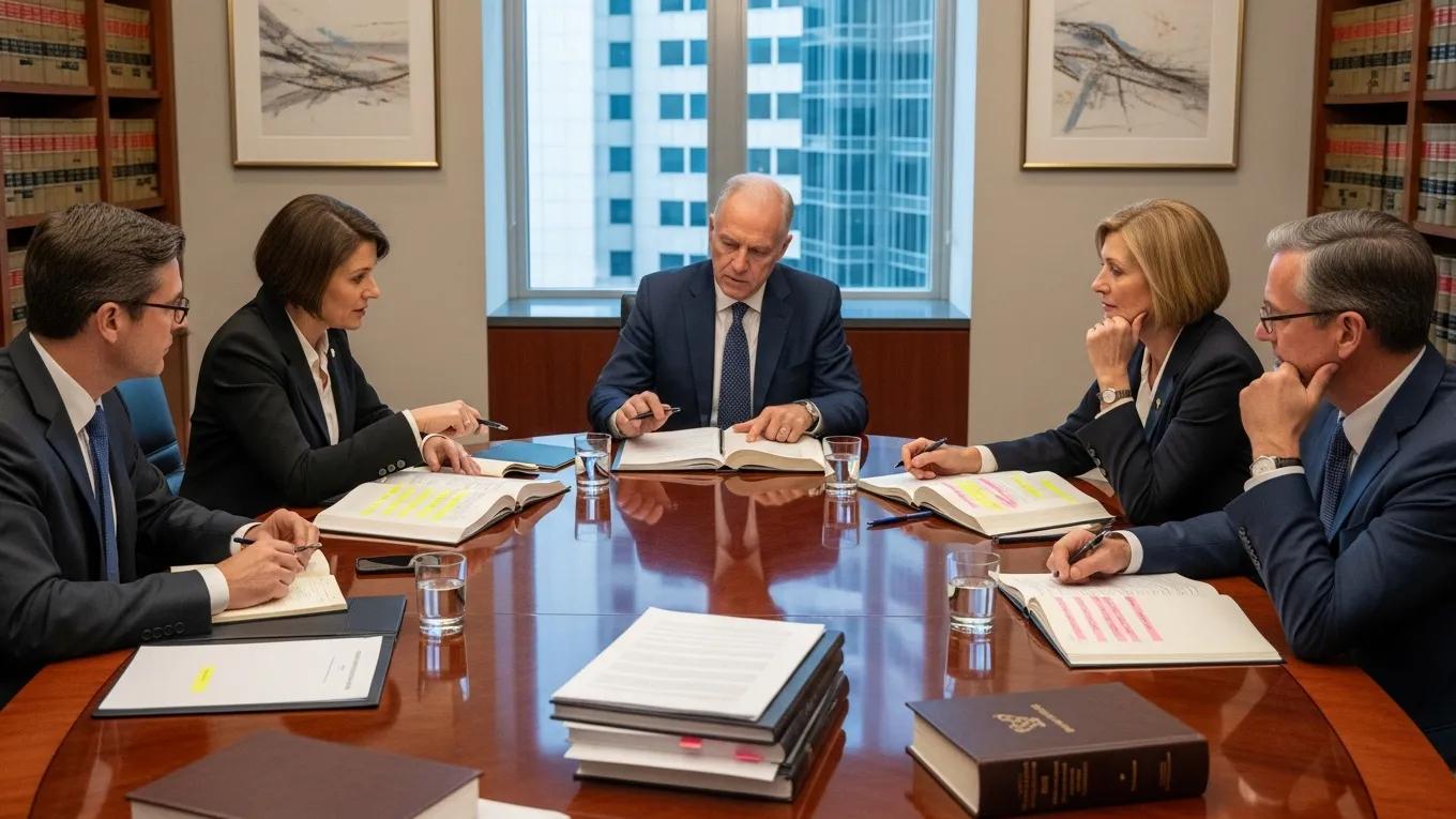 Arbitrators discussing the formation of the arbitration panel in a formal meeting room