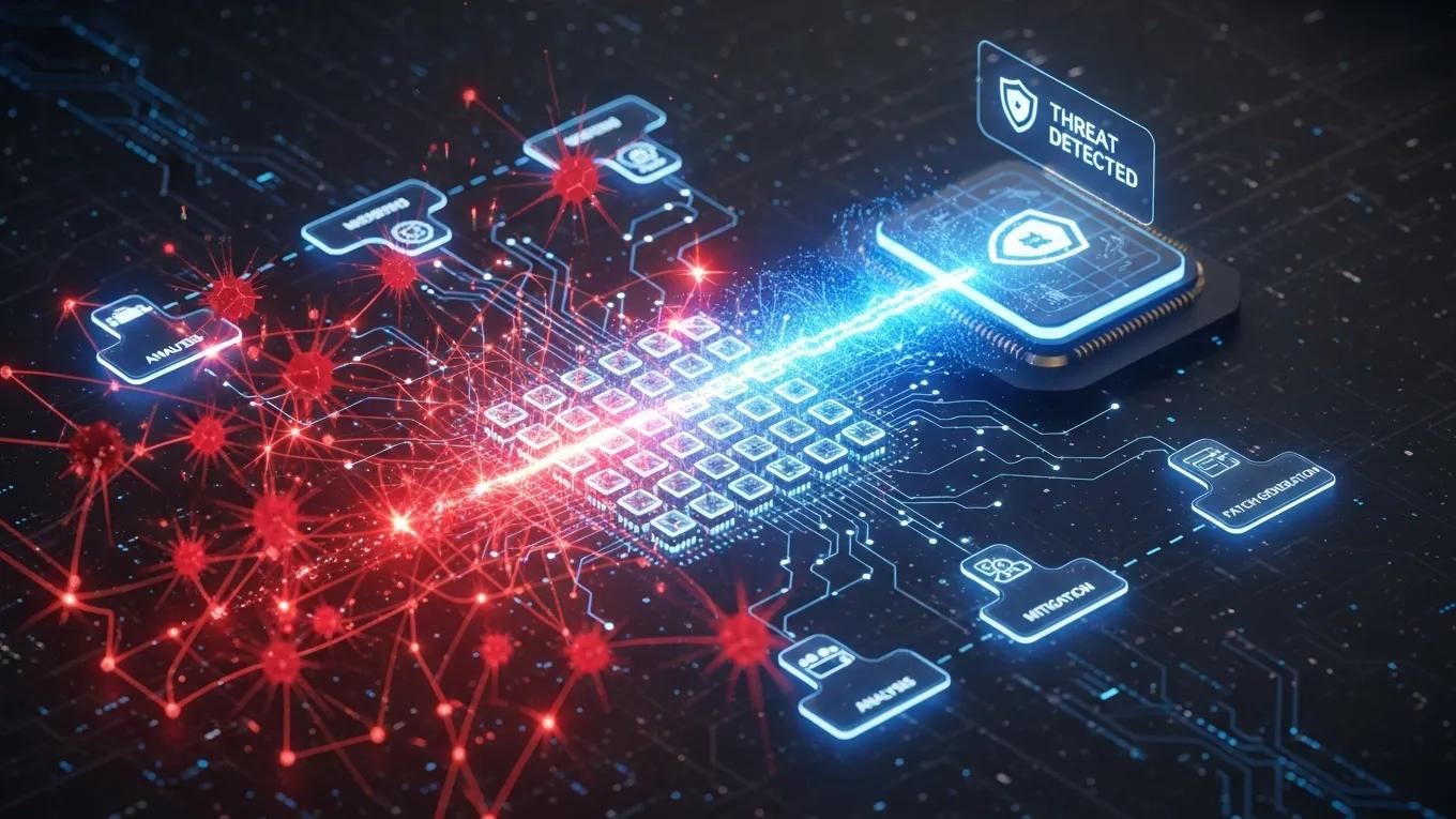 AI platform detecting and responding to a zero‑day exploit visualised as interconnected nodes