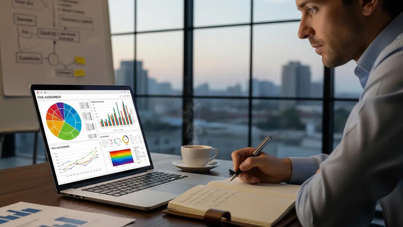 Business analyst reviewing risk assessment data on a laptop