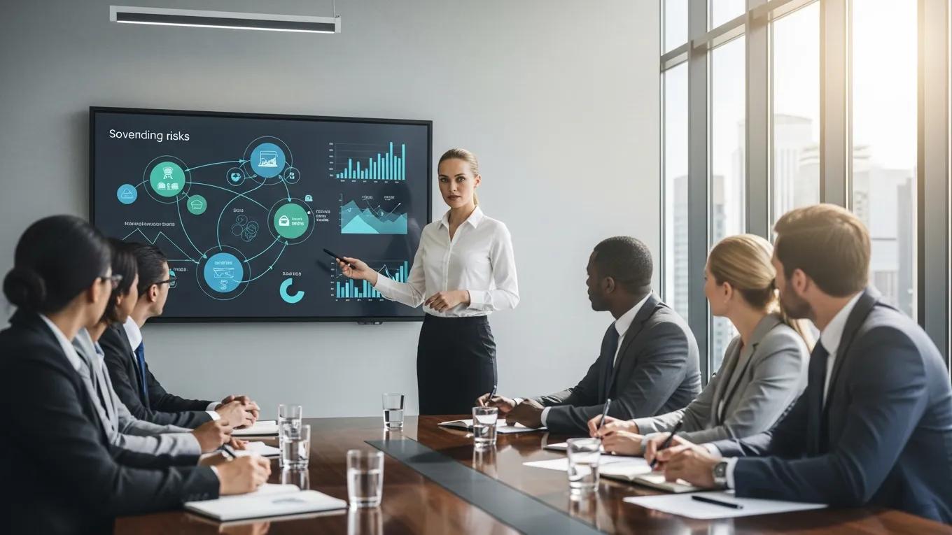 Business consultant presenting strategies for effective sovereign risk management to investors