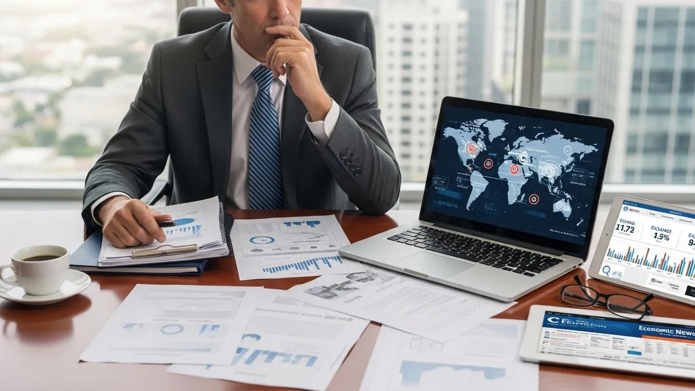 Business executive analyzing options for international expansion with documents and a laptop