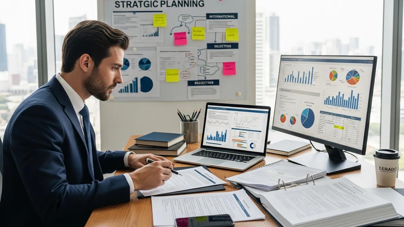Business professional reviewing risk management plan with charts and legal texts