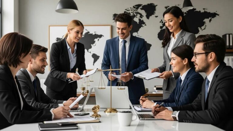 Business professionals collaborating on cross-border investment strategies in a modern office