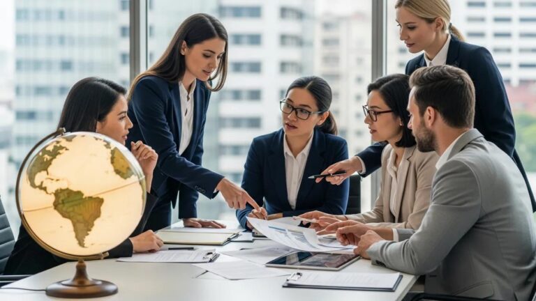Business professionals collaborating on ESG compliance strategies in a modern office