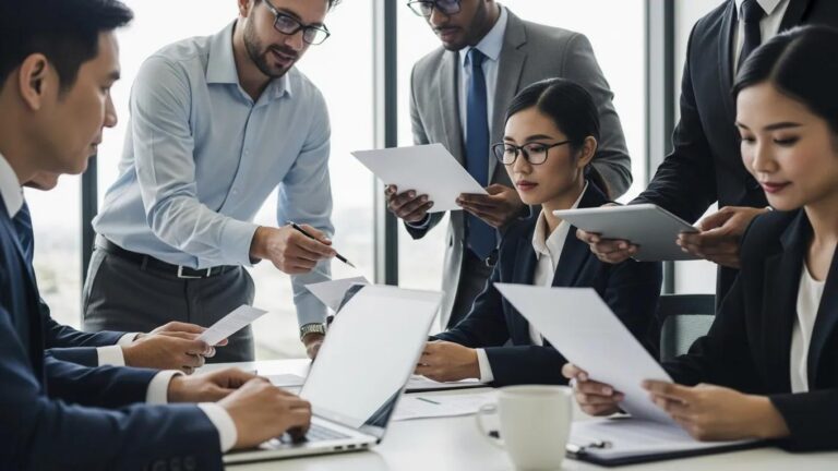 Business professionals collaborating on international investment strategies in a modern office setting, reviewing documents and discussing Investor-State Dispute Settlement (ISDS) processes.